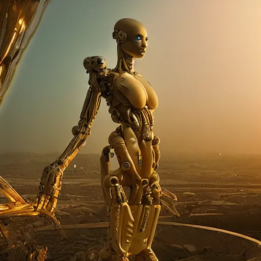 Image similar to a cybernetic symbiosis, cybernetic mech cyberpunk woman, organic ceramic fractal forms, golden hour lighting, film still from the movie directed by denis villeneuve with art direction by wayne barlowe and salvador dali, wide lens