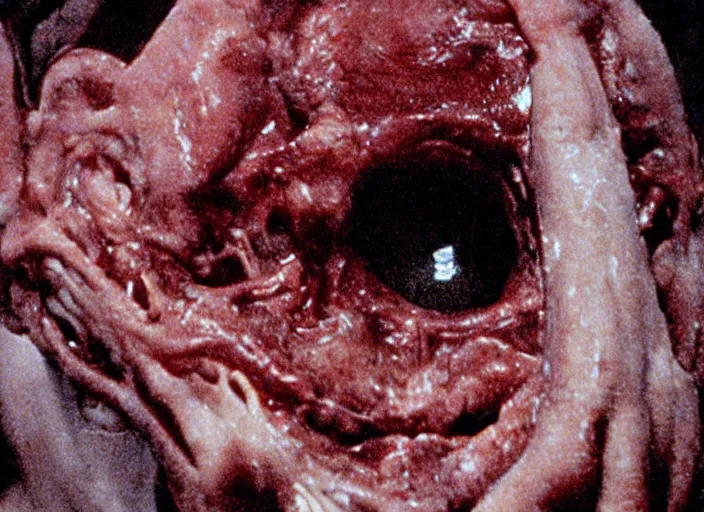 Image similar to disturbing 1 9 8 0 photography of a teratoma with crooked teeth horror film practical fx directed by david cronenberg and ridley scott