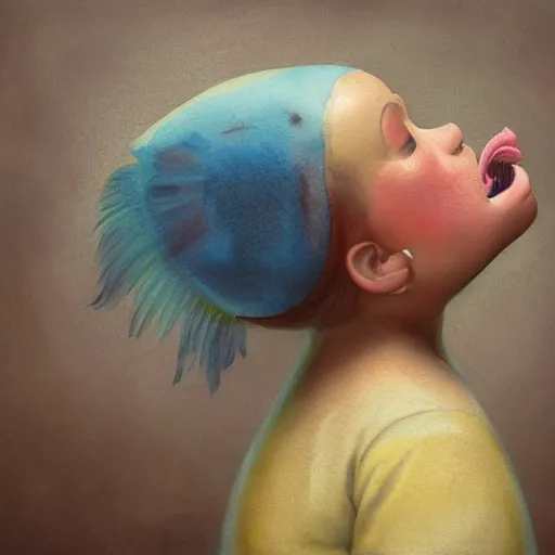 Prompt: a hype realistic oil painting of the most cute little fat girl kissing a huge colorful cute fish. hype realistic scene. old photography style. studio lighting. window. 3 d, octane render, deep focus, fashion style, white scene. very funny and sweet art. unreal engine. watercolor. fellini style. poster quality. da vinci painting style. illustration.