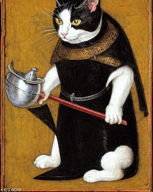 Prompt: medieval portrait of a black and white cat dressed as a knight, in the style of eugene de blaas