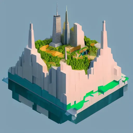 Prompt: floating island with new york city in the sky, low poly, isometric art, 3d art, high detail, artstation, concept art, behance, ray tracing, smooth, sharp focus, ethereal lighting