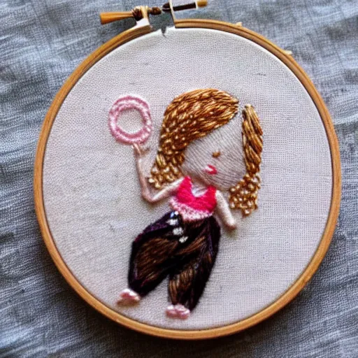 Image similar to a tiny beautiful handmade embroidery of a little girl with brown curly hair. hand embroidery.