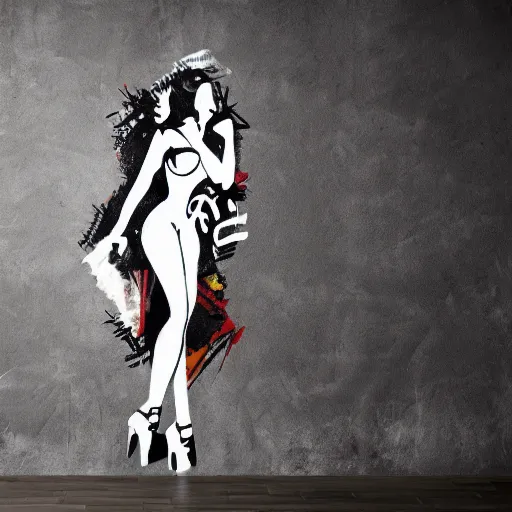 Prompt: abstract rough rugged graffiti art of a pinup girl on a black wall