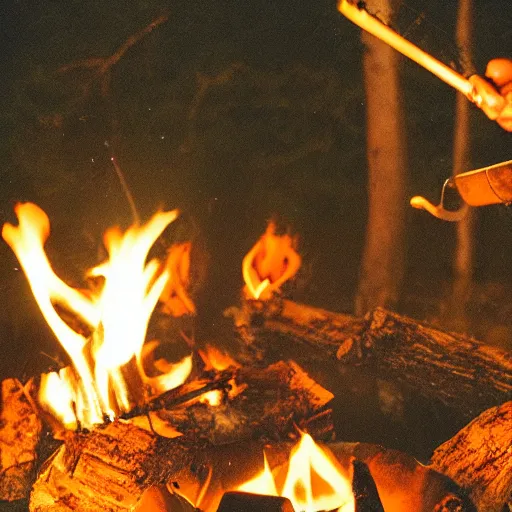 Image similar to beaver being spit roasted over a campfire at night, photograph