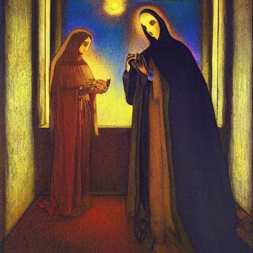 Prompt: the annunciation of the blessed virgin mary, by odilon redon, by artgerm