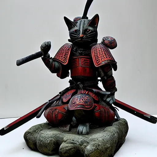 Image similar to cat warrior statue in samurai insect armor, realistic painting.