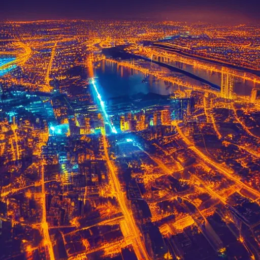 Image similar to City postsoviet area aerial view in neon light on a wide angle camera