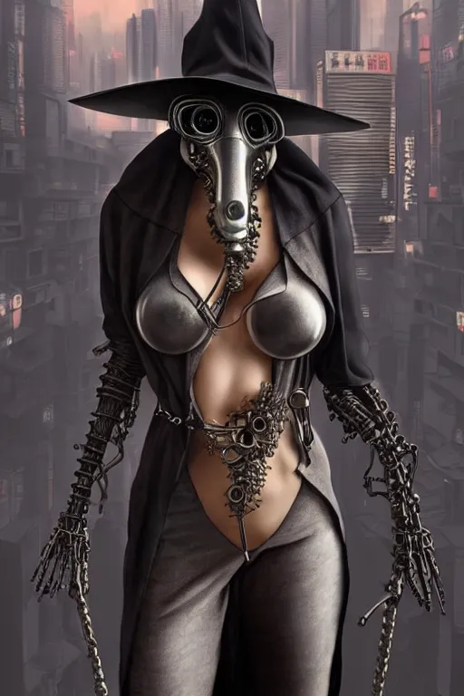 Image similar to wow! 3 / 4 stunning photorealistic portrait of a plague doctor in a kowloon cyberpunk cityscape, biomechanical bodysuit, oppai proportions, acid rain, dark fantasy by artgerm and sorayama and alphonse mucha, very realistic, hyperdetailed, trending on artstation, octane render