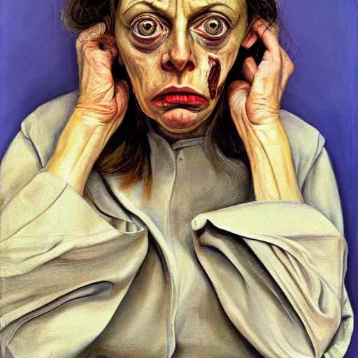 Prompt: high quality high detail painting by lucian freud, hd, scared woman, big eyes, vivid colors, photorealistic lighting