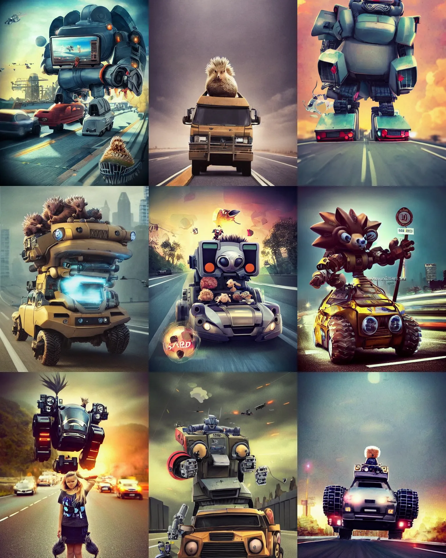 Prompt: epic pose!!! giant oversized battle hedgehog robot wacky chubby war mech winnning speeding sport cute vehicle! double decker with giant oversized hair and hedgehog babies ,on busy freeway , full body , Cinematic focus, Polaroid photo, vintage , neutral dull colors, soft lights, foggy mist ,sunrise, by oleg oprisco , by thomas peschak, by discovery channel, by victor enrich , by gregory crewdson
