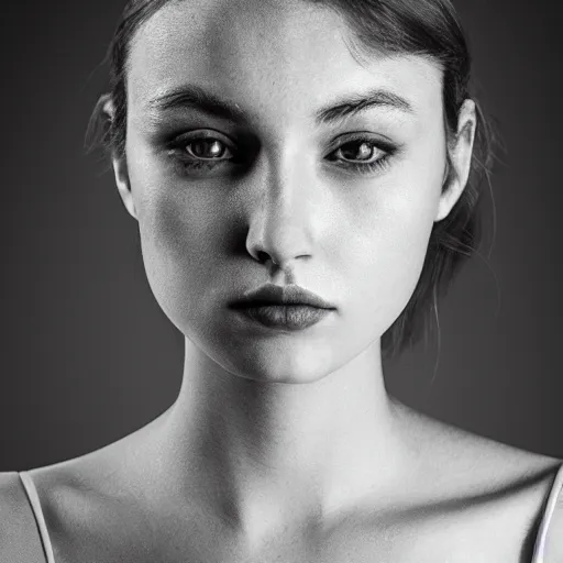 Image similar to hyperreal, face of the most beautiful girl in the world, medium shot, studio lighting, black and white, symmetry