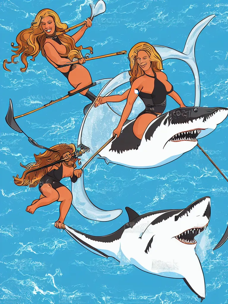 Prompt: digital vector art of Beyonce riding a great white shark with a trident, inspired by Dinsey movies, artstation