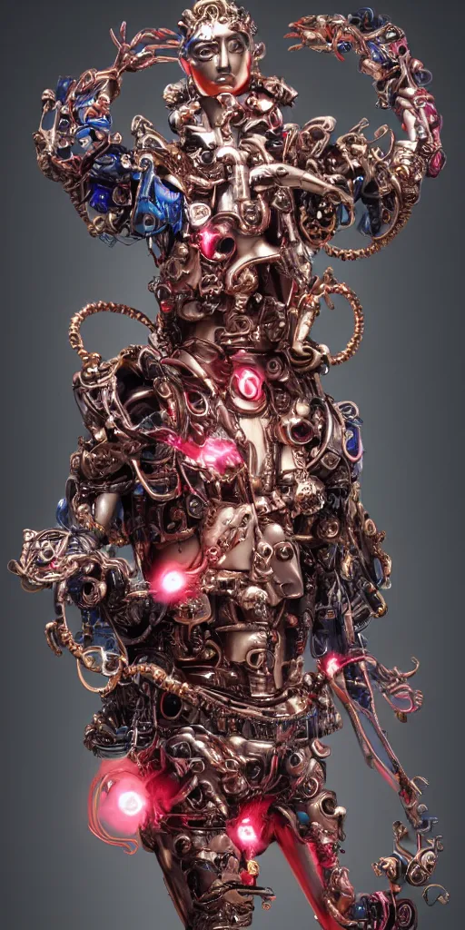 Image similar to baroque and cyberpunk style full-body sculpture of a young seductive Hispanic prince half android with a chest exposing a glowing ruby battery, glowing pink seductive laser eyes, crown of blue gears and diamonds, swirling salmon-colored silk fabric, robotic raptors dinosaurs. baroque elements. full-length view. intricate artwork by caravaggio. art by Artgerm and Greg Rutkowski and Alphonse Mucha, Trending on artstation, cinematic industrial lighting, photorealistic, octane render, 8k, depth of field, 3D