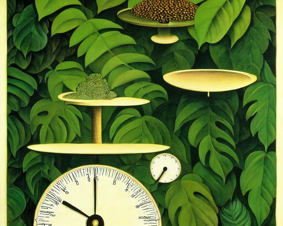 Image similar to an achingly beautiful print of antique scales in the rainforest by raphael, hopper, and rene magritte. detailed, romantic, enchanting, trending on artstation.