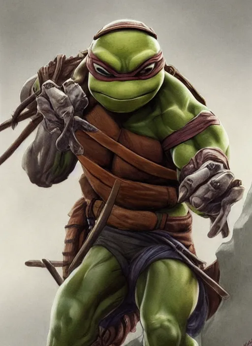 Image similar to elegant renaissance concept art of a male young muscular teenage mutant ninja turtle 1 9 9 0 film, full figure dynamic fighting pose, fantasy, intricate, highly detailed, digital painting, artstation, smooth, sharp focus, illustration, art by artgerm and greg rutkowski and alphonse mucha