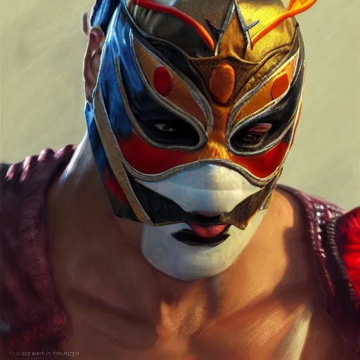 Prompt: Mysterious Masked Wrestler from Tekken, closeup character portrait art by Donato Giancola, Craig Mullins, digital art, trending on artstation