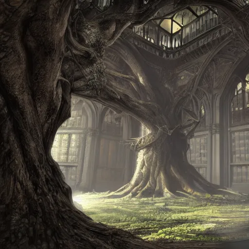 Prompt: a beautiful giant tree growing in the middle of an ancient vast Victorian library indoors. a magic portal is embedded in the library tree. Darksouls concept art, ultra-realistic, 4K, featured on artstation