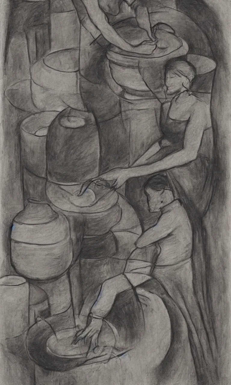 Image similar to abstract charcoal drawing of a woman at a pottery wheel making vases