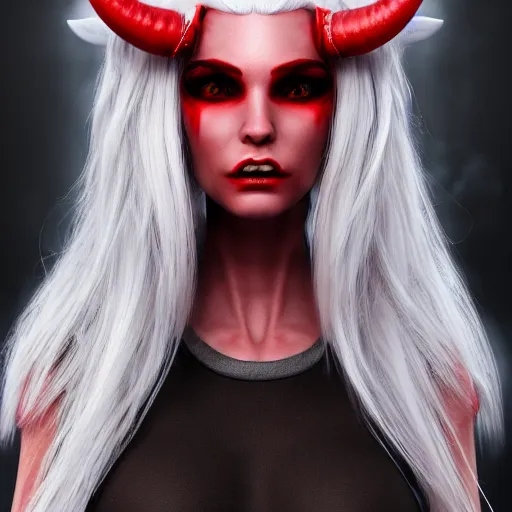 Image similar to a highly detailed portrait of a humanoid demon girl with white hair, red horns, in white clothes, artstation, deviantart, professional, unreal engine 5, photorealistic