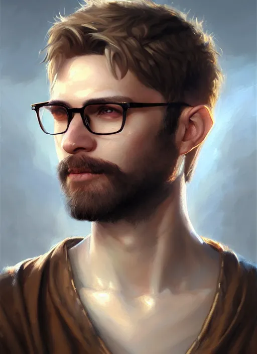 Prompt: a _ fantasy _ style _ portrait _ painting _ of white male short hair glasses stubble light brown hair wide cheeks, rpg dnd oil _ painting _ unreal _ 5 _ daz. _ rpg _ portrait _ extremely _ detailed _ artgerm _ greg _ rutkowski _ greg