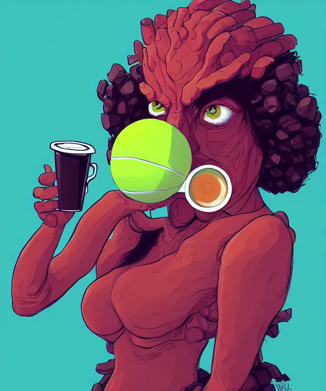 Prompt: a portrait of a tennis ball monster holding a coffee, fantasy, elegant, digital painting, artstation, concept art, matte, sharp focus, illustration, art by josan gonzalez