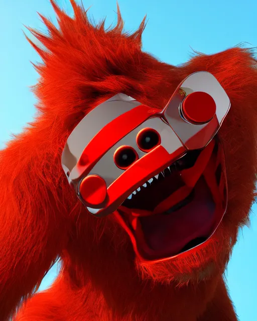 Prompt: 3 d render of completely red hairy friendly monster smiling wearing chrome shades, full body, simple, cute, white background, unreal engine 5 hdr