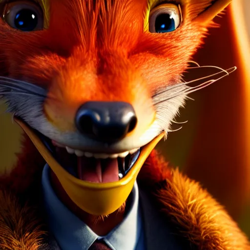 Image similar to weta disney pixar movie still macro close photo of smiling anthropomorphic vulpes vulpes fulva wearing a suit : : by weta, greg rutkowski, wlop, ilya kuvshinov, rossdraws, artgerm, octane render, iridescent, bright morning, anime, liosh, mucha : :