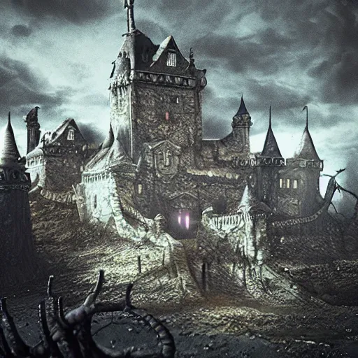 Image similar to a lovecraftian horror castle scene, cinematic, arstation, detailed, octane,