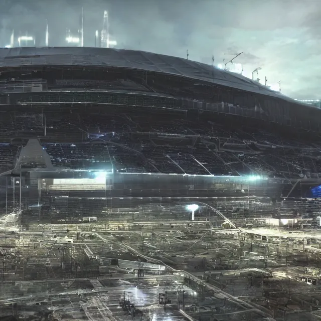 Prompt: a futuristic stadium with a giant metal gear on the field, the metal gear is tall, the stadium has a full crowd, unreal engine, hyper realism, realistic shading, cinematic composition, realistic render, octane render, detailed textures, photorealistic, wide shot