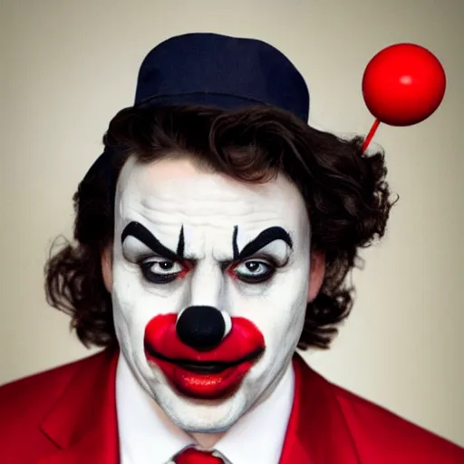 Prompt: UHD candid photo of Justin Trudeau dressed as a henchman, wearing accurate clown makeup, accurate face, UHD, photorealistic, correct face, photo by Annie Leibowitz