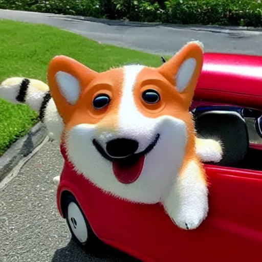 Prompt: corgi driving a red convertible wearing a sun visor, hyper realistic, cute, happy