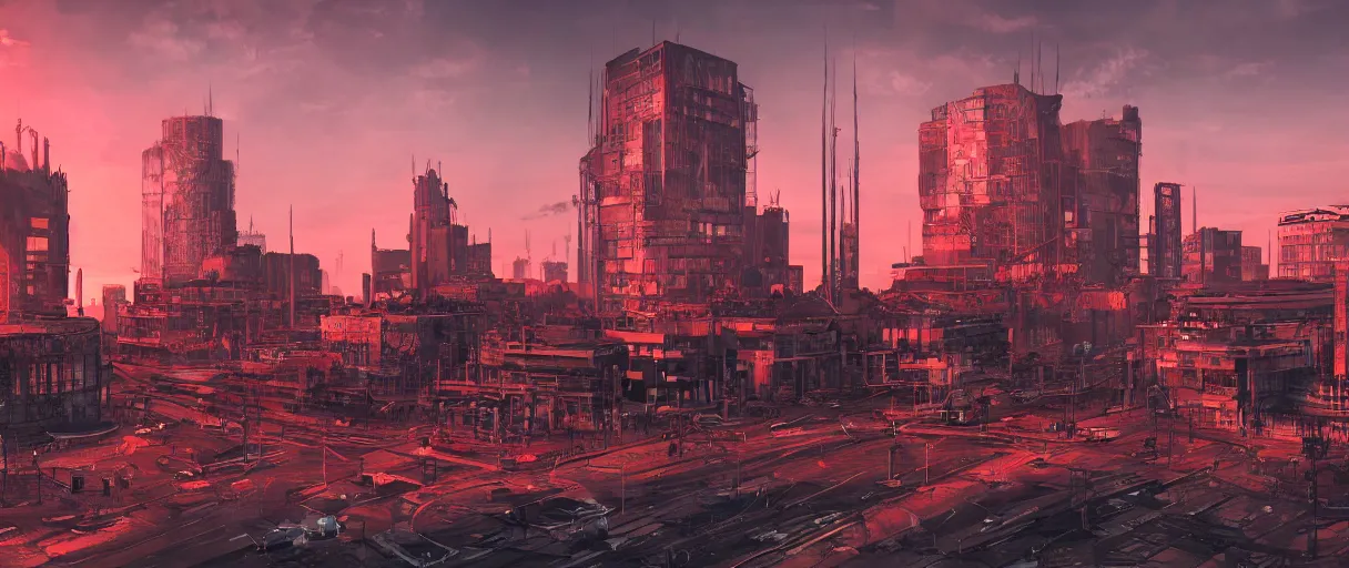 Image similar to digital concept art of dystopian, atompunk Berlin, high quality, high detail, in the style of Ian Hubert, megacity, vivid colours, sunset time, blender render