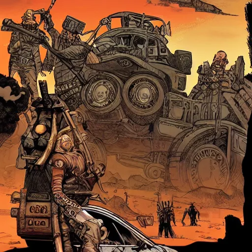 Prompt: precisely drawn illustration of a mad max machine, wide angle, sharp, fine details, french comic style, vibrant realistic colors, full color, heroic fantasy, intense line art, 8 k, precise linework, realistic, in the style of heavy metal comics and richard corben and moebius