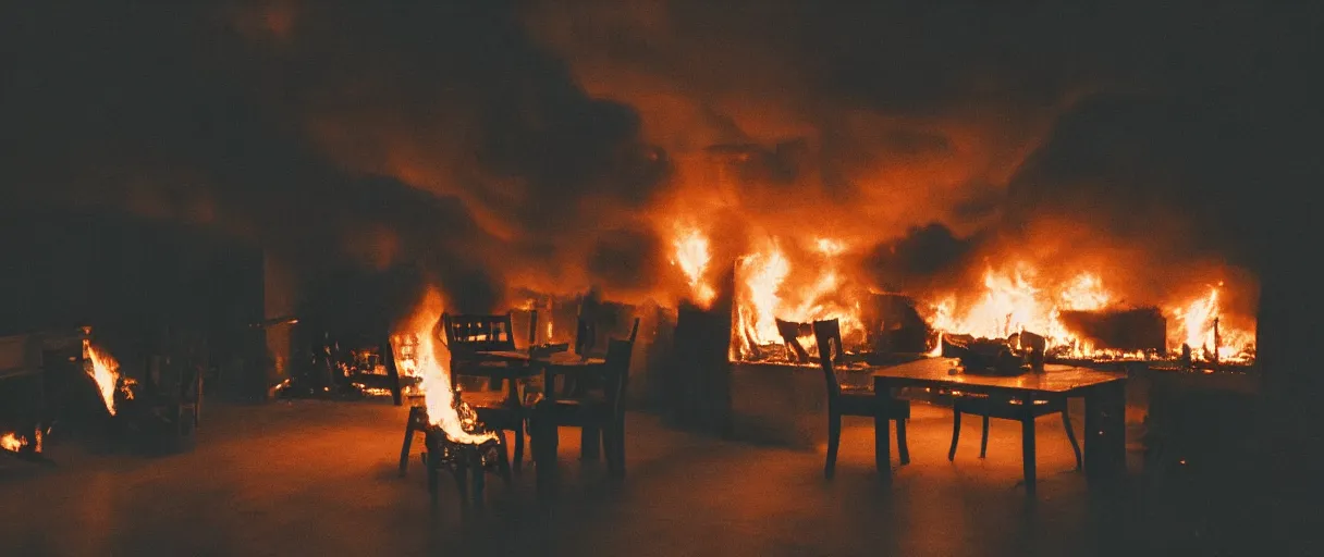 Image similar to a studio photograph (big flash on) of a huge fire on a dining room on fire in the background, in the foreground a relaxed dog sitting on a wooden chair at a table (no fire at all there), lights on, ☕ on the table, surrounded by flames, a lot of flames behind the dog, black smoke instead of the ceiling, no watermark