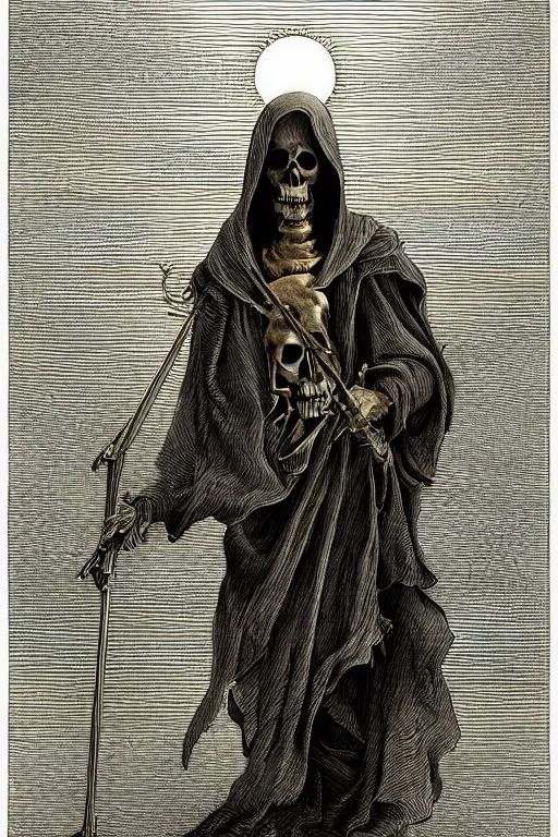 Prompt: Grim Reaper with golden skull walking a foggy battlefield : white paper : black ink : intricate ink detail : sunset : hourglass : black roses : baroque : neoclassical : ethereal : gazing into a memory : golden ratio : Fibonacci spiral : symmetrical : by Peter Paul Rubens + Jacques-Louis David : intricate ink illustration : intricate detail : volumetric lighting : cinematic lighting