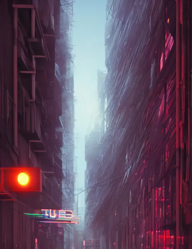 Prompt: a long narrow alleyway between futuristic buildings leading into the horizon, neon billboards, at night, by joseph ducreux, artstation, volumetric lighting, perfect, high detail