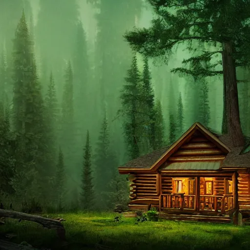 Prompt: log cabin in the woods, diffused lighting, highly detailed cinematic, epic composition, highly detailed, atmospheric, wide angle, artstation trending, warm green colors