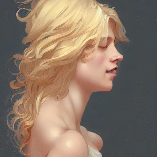 Prompt: A pregnant blond lady with closed eyes smiling, very detailed sharp angular masculine face, hooked nose and square jaw long fluffy curly blond hair, light blond hair, gorgeous, beautiful, intricate, highly detailed, digital painting, artstation, concept art, sharp focus, illustration, art by greg rutkowski and alphonse mucha