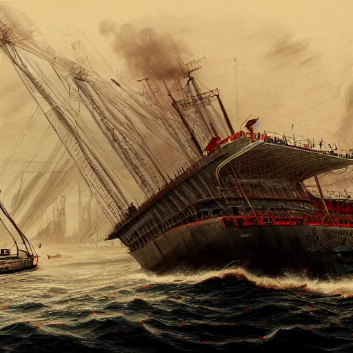 Prompt: a beautiful illustration of a sinking ship that looks like old trafford, frank weston and gustave baumann, trending on artstation, sharp focus, 8 k 4 k