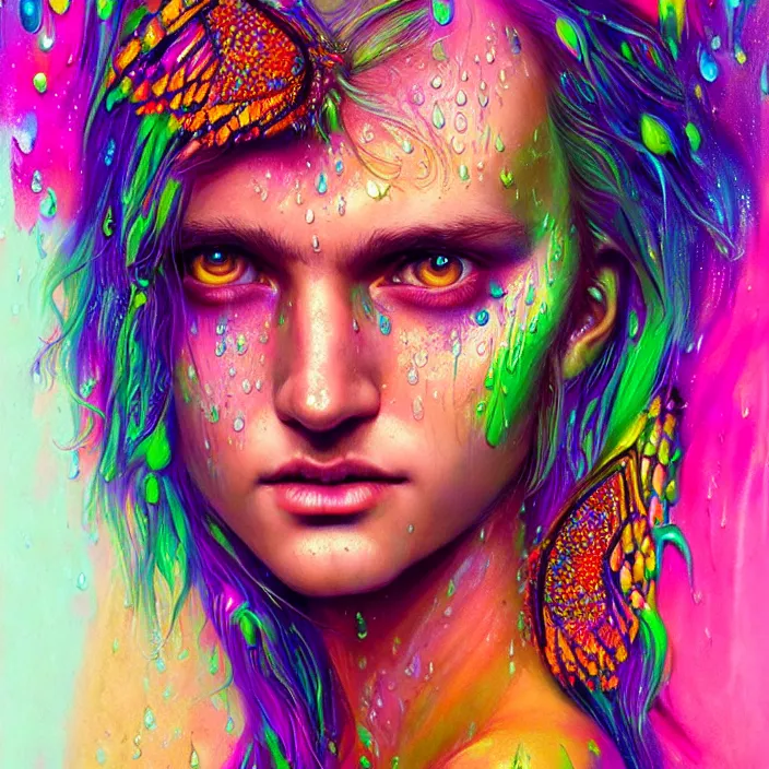 Image similar to bright psychedelic portrait with rain on face and wet hair, wings, smiling, diffuse lighting, fantasy, intricate, elegant, highly detailed, lifelike, photorealistic, digital painting, artstation, illustration, concept art, smooth, sharp focus, art by John Collier and Albert Aublet and Krenz Cushart and Artem Demura and Alphonse Mucha