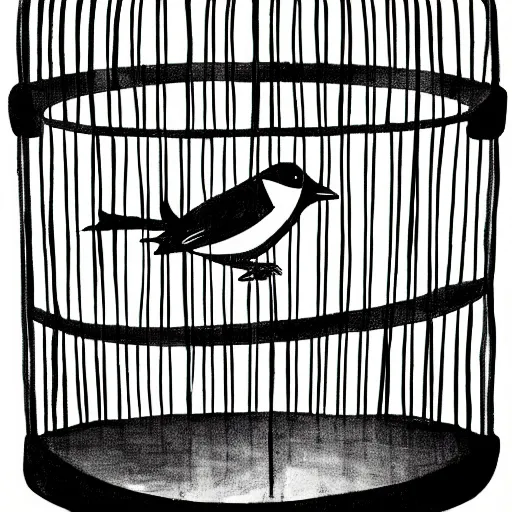 Prompt: a painting of a bird in a cage, black and white