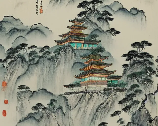 Image similar to a beautiful painting of a buddhist temple in a serene landscape, traditional chinese painting,