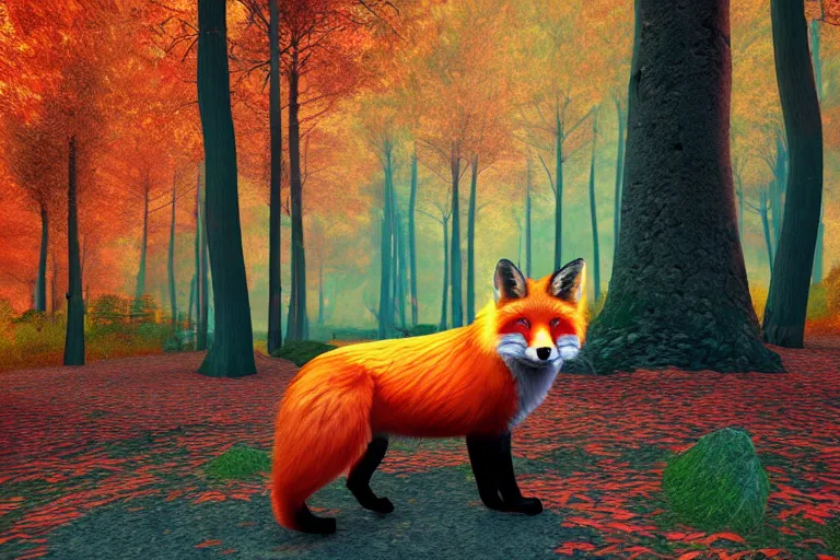 Image similar to super detailed color lowpoly art, red fox in an autumn maple forest, unreal engine, retrowave color palette, 3 d render, lowpoly, colorful, digital art, perspective