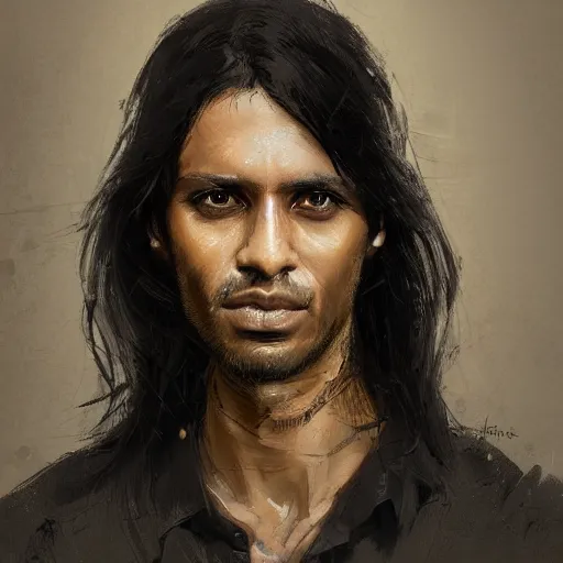 Prompt: Portrait of a man by Greg Rutkowski, he is about 30 years old, indian, cybernetic eyes implants, messy long black hair, slim and tall, he is wearing utilitarian beige black jumpsuit, highly detailed portrait, digital painting, artstation, concept art, smooth, sharp foccus ilustration, Artstation HQ.