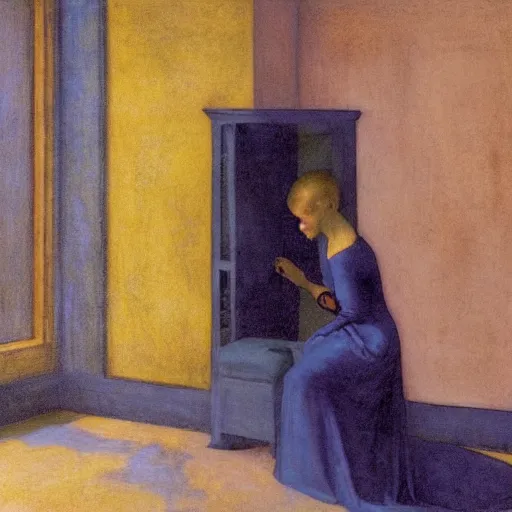 Image similar to close up of a girl in a blue and gold haunted liminal abandoned room, film still by edward hopper, by Pontormo, by klimt, art noveau, highly detailed, strong lights, liminal, eerie, Bright pastel colors, Byzantine icon