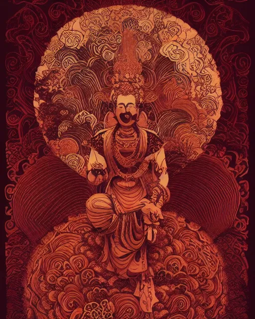 Prompt: Dark red paper with intricate designs,tarot card ,a mandelbulb fractal southeast asian buddha statue,full of golden layers, flowers, cloud, vines, mushrooms, swirles, curves, wave,by Hokusai and Mike Mignola, trending on artstation,elaborate dark red ink illustration
