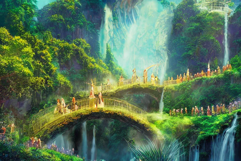 Image similar to still from the lord of the rings movie rivendell, 4 k digital paint by studio ghibli hayao miyazaki. vivid colours, vaporwave lighting style, very sharp and detailed. trending on artstation and behance.