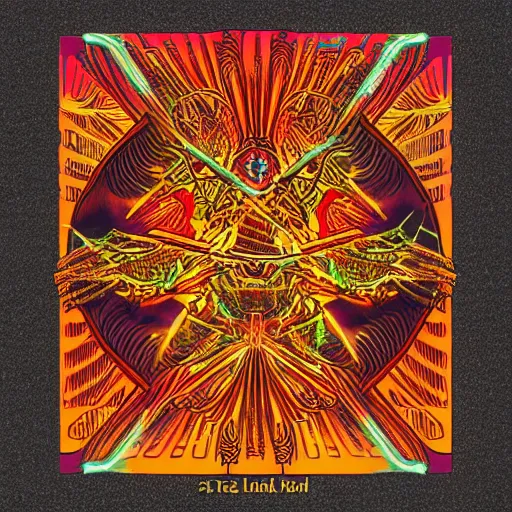 Image similar to three - headed cyberpunk flaming hell chicken, sacred geometry background, alchemy, merkabah, psychedelic, pop art in the style of frank lloyd wright