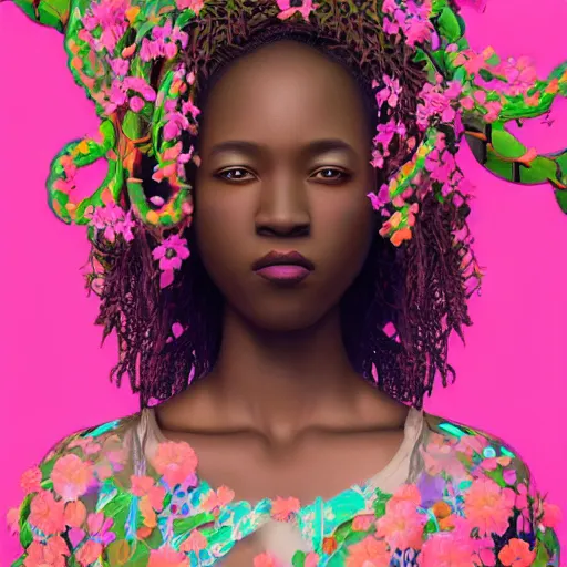 Image similar to colourful vfx art - portrait of nigerian girl wrapped in flowers & vines, art by hsiao - ron cheng & james jean, volumetric light, ray tracing, sharp, detailed, digital painting, illustration, highly detailed, intricate detail, unreal engine, octane render, pinterest, behance, art station,