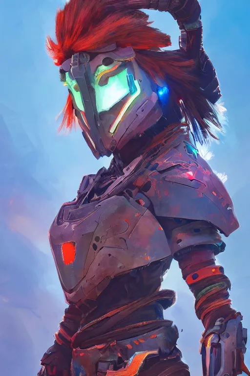 Image similar to combination suit armor aloy horizon forbidden west horizon zero dawn radiating a glowing aura global illumination ray tracing hdr fanart arstation by ian pesty and alena aenami artworks in 4 k tribal robot ninja mask helmet backpack